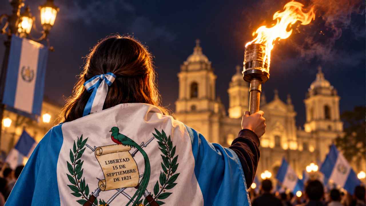 Las antorchas recorren cada 14 de septiembre calles y carreteras de Guatemala como antesala de la conmemoración de la Independencia. Ilustración IA