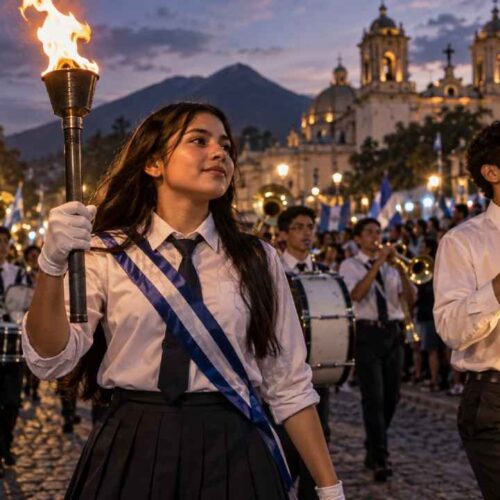 Miles de estudiantes participan en antorchas, faroles, bandas y desfiles durante las celebraciones de Independencia en Centroamérica. Ilustración.