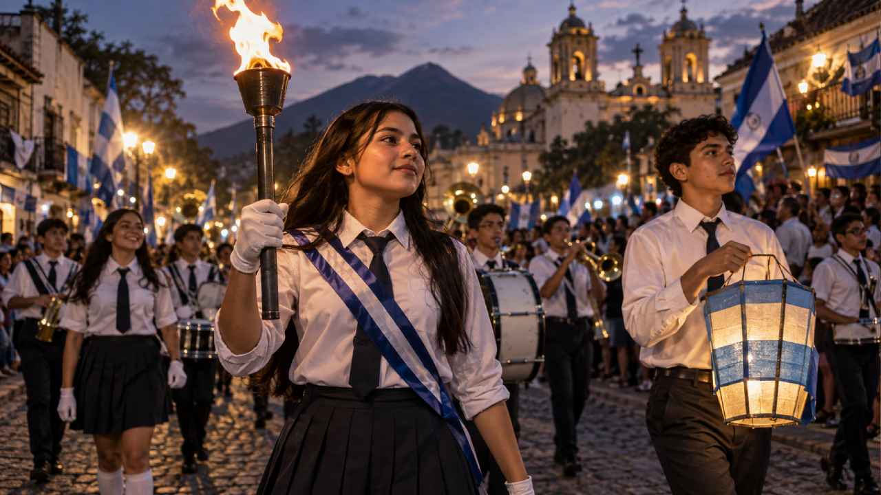 Miles de estudiantes participan en antorchas, faroles, bandas y desfiles durante las celebraciones de Independencia en Centroamérica. Ilustración.
