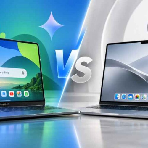 Las Googlebook buscan competir con Apple mediante Android, Gemini y una mayor integración entre teléfono y computadora. Ilustración.