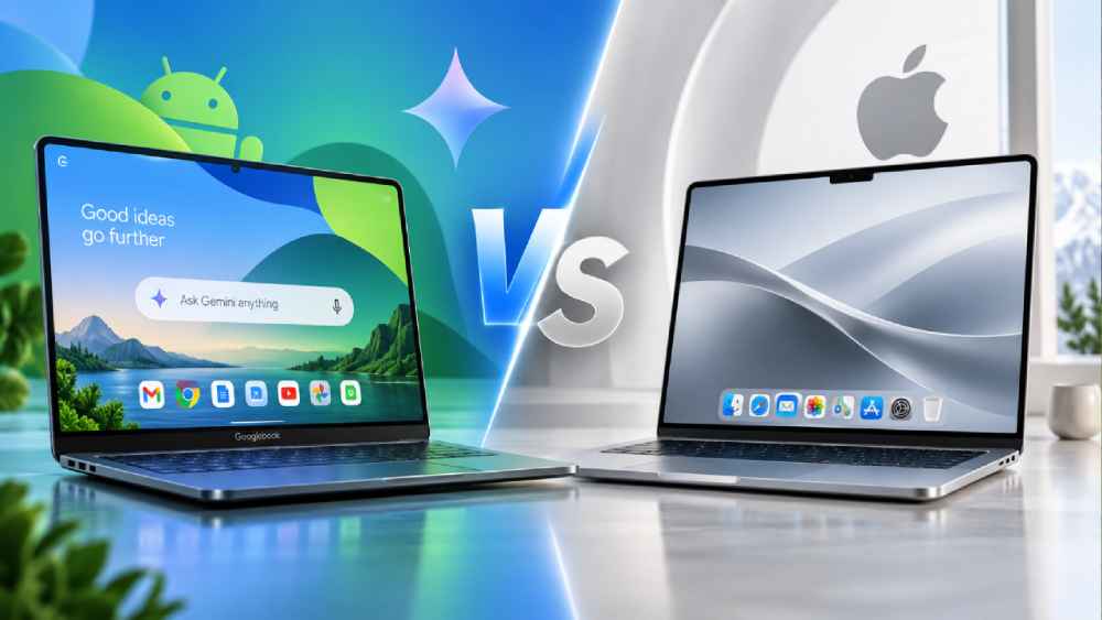 Las Googlebook buscan competir con Apple mediante Android, Gemini y una mayor integración entre teléfono y computadora. Ilustración.