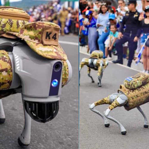 El roboperro de la Fuerza Armada avanzó frente a cientos de asistentes durante el desfile de Independencia de este 15 de septiembre. FAES