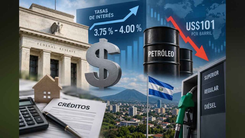 La subida de tasas de la Reserva Federal coincide con un retroceso del petróleo, dos movimientos internacionales con posibles efectos sobre la economía salvadoreña. Ilustración