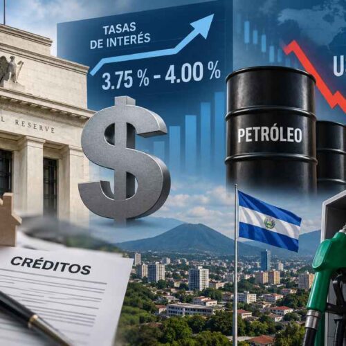 La subida de tasas de la Reserva Federal coincide con un retroceso del petróleo, dos movimientos internacionales con posibles efectos sobre la economía salvadoreña. Ilustración