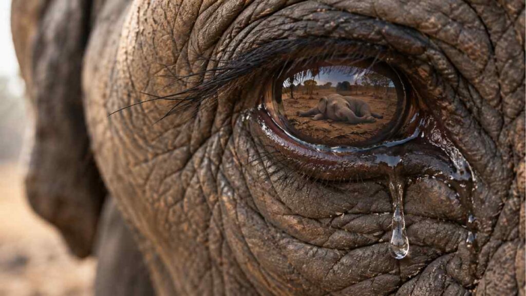 El ojo lloroso de una elefanta refleja el cuerpo sin vida de una cría, en una representación simbólica del duelo animal y los misterios que la ciencia aún intenta descifrar sobre las emociones de estos gigantes. Ilustración generada con inteligencia artificial / Publimetro.