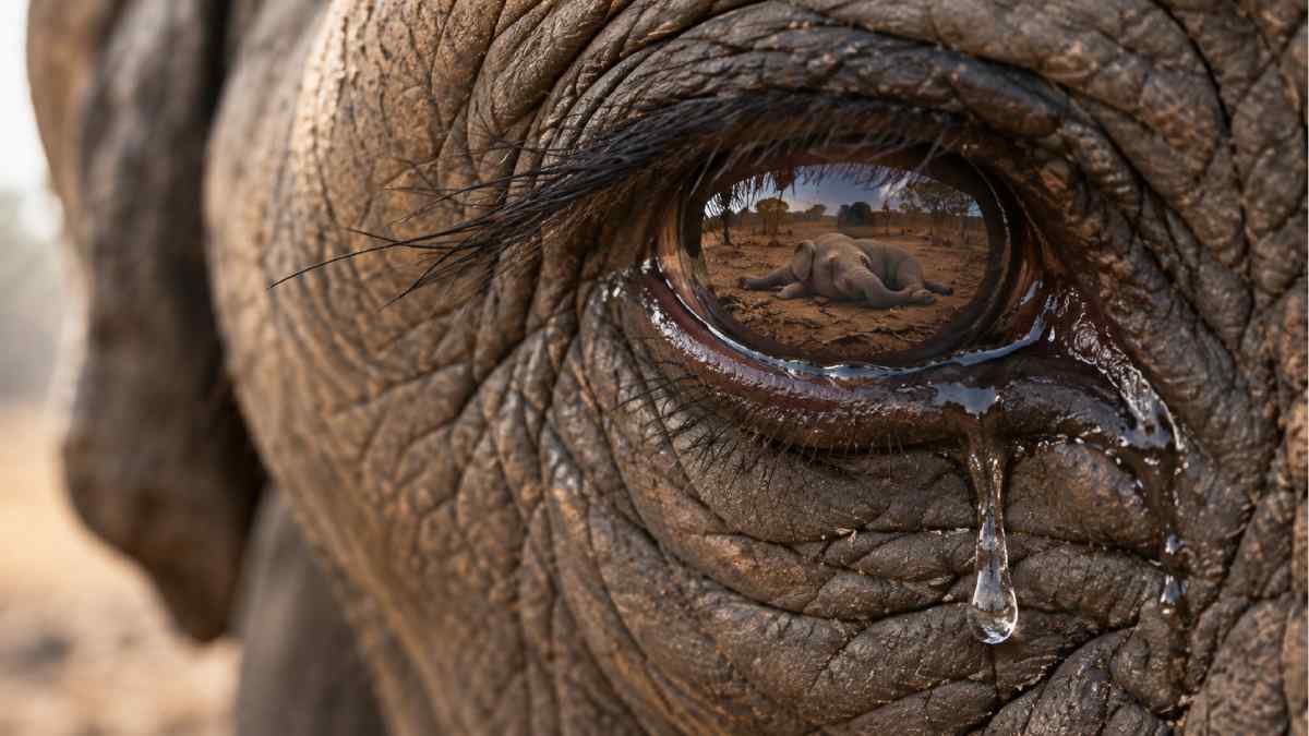 El ojo lloroso de una elefanta refleja el cuerpo sin vida de una cría, en una representación simbólica del duelo animal y los misterios que la ciencia aún intenta descifrar sobre las emociones de estos gigantes. Ilustración generada con inteligencia artificial / Publimetro.