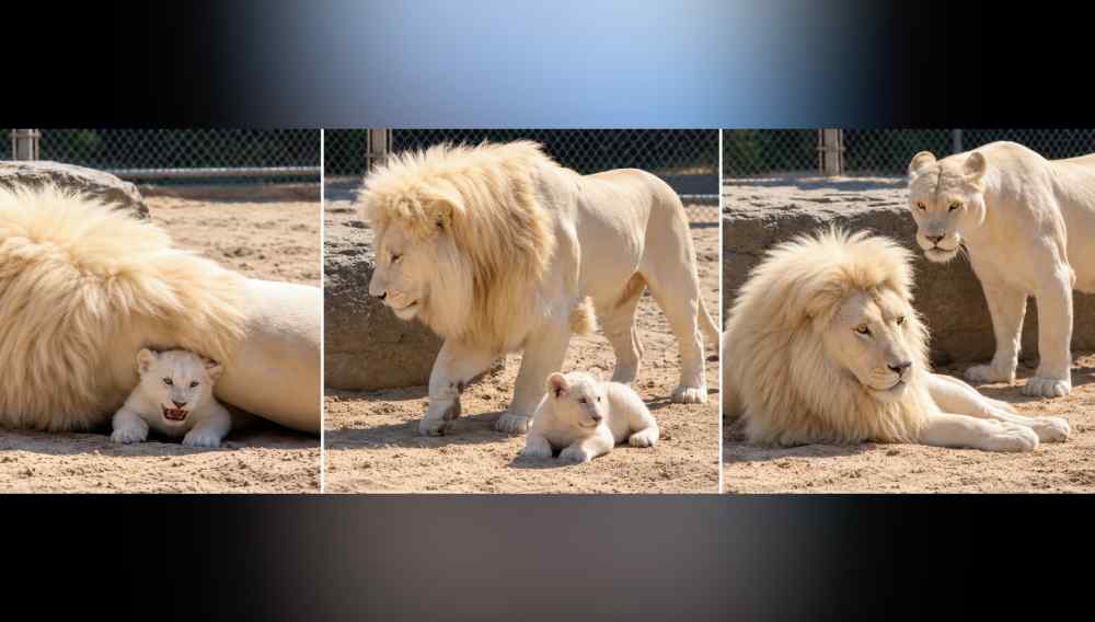 El video muestra a un supuesto león blanco echándose sobre una cría, pero la propia publicación de Facebook lo identifica como contenido de inteligencia artificial. Captura de pantalla