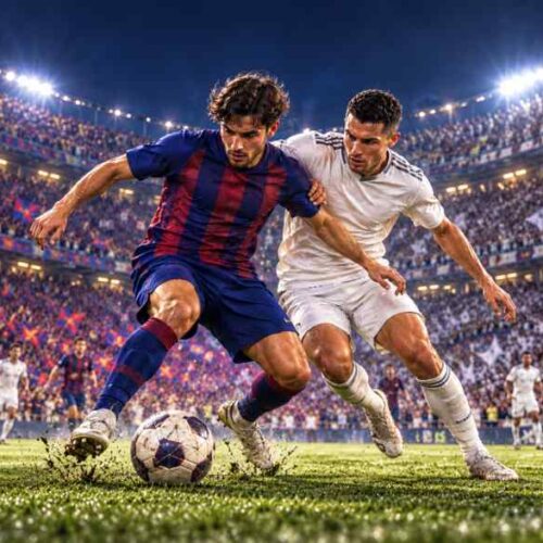 Barcelona y Real Madrid se enfrentan en el primer Clásico de LaLiga 2026-2027, con Hansi Flick y José Mourinho al frente de los equipos. Ilustración