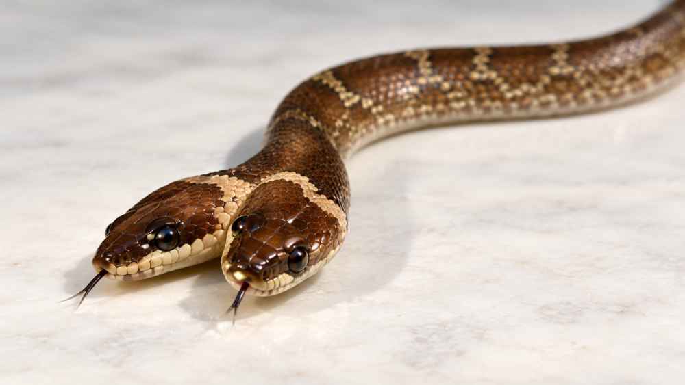 La serpiente encontrada en Gujarat posee dos cabezas, cuatro ojos y un solo cuerpo. Su condición se conoce como bicefalia. Captura de pantalla / Mejorada con IA.