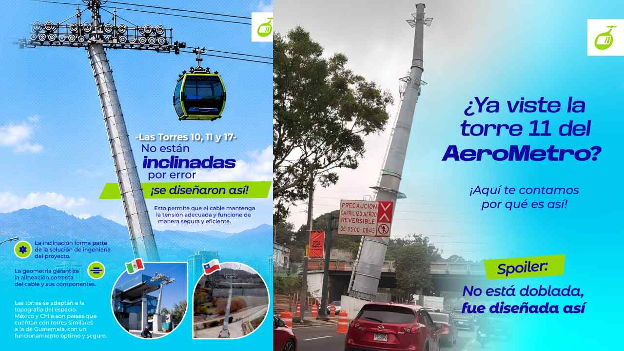 La Torre 17 del AeroMetro de Guatemala fue diseñada con una inclinación de 10 grados para mantener la trayectoria del cable y reducir la ocupación del espacio vial. Foto: CableVía / @cableviagt.