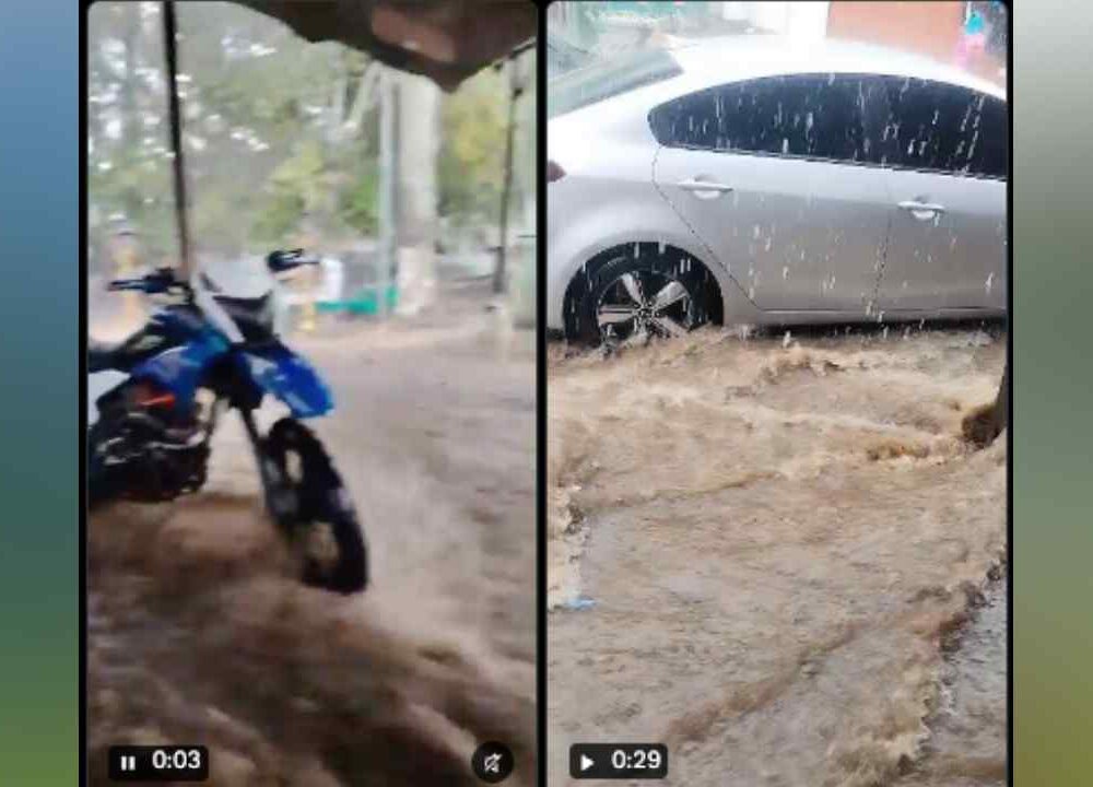 Las inundaciones en Santiago de María dejaron fuertes correntadas que ingresaron a un recinto durante la tormenta del miércoles. Foto: captura de video difundido en redes sociales.