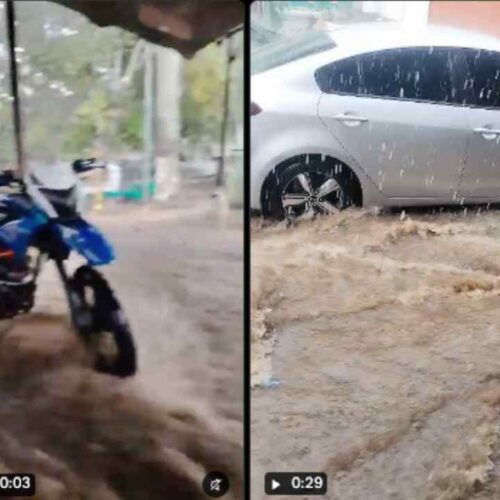 Las inundaciones en Santiago de María dejaron fuertes correntadas que ingresaron a un recinto durante la tormenta del miércoles. Foto: captura de video difundido en redes sociales.