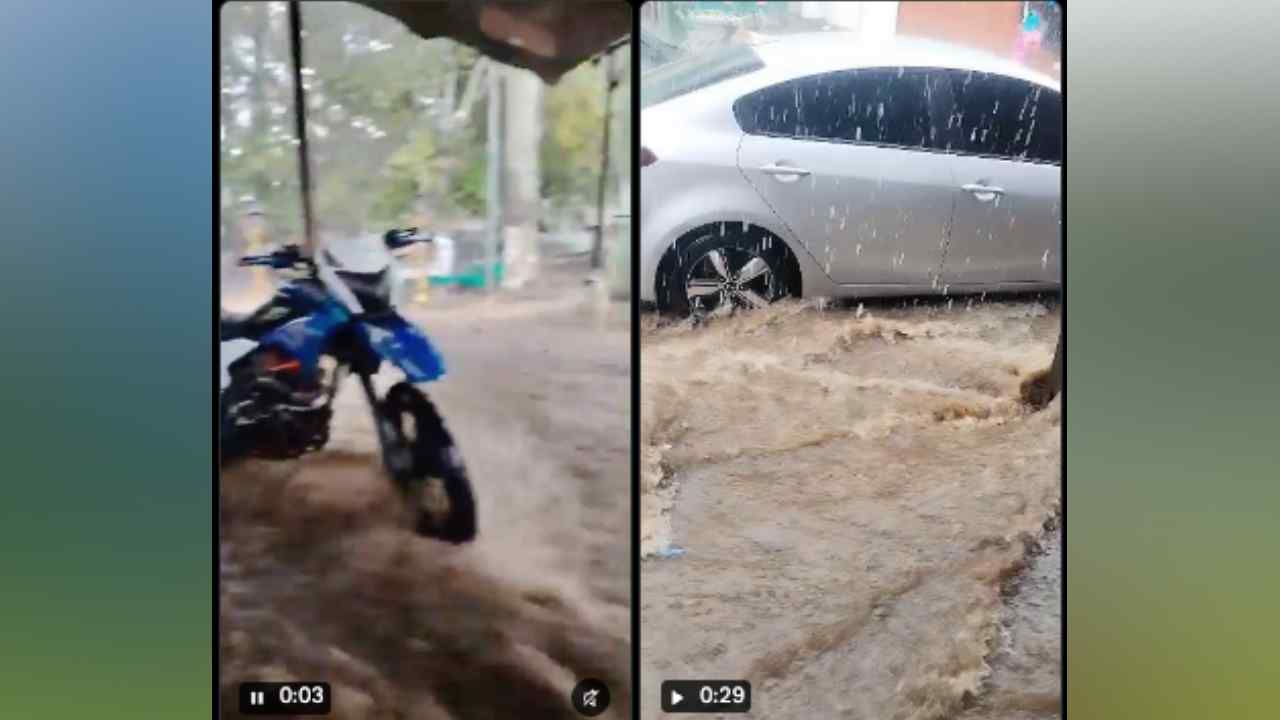 Las inundaciones en Santiago de María dejaron fuertes correntadas que ingresaron a un recinto durante la tormenta del miércoles. Foto: captura de video difundido en redes sociales.