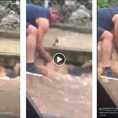 Rescate de una niña durante una fuerte corriente de agua en Los Naranjos, Sonsonate, quedó registrado en un video viral. La identidad y el estado de salud de la menor no han sido confirmados.