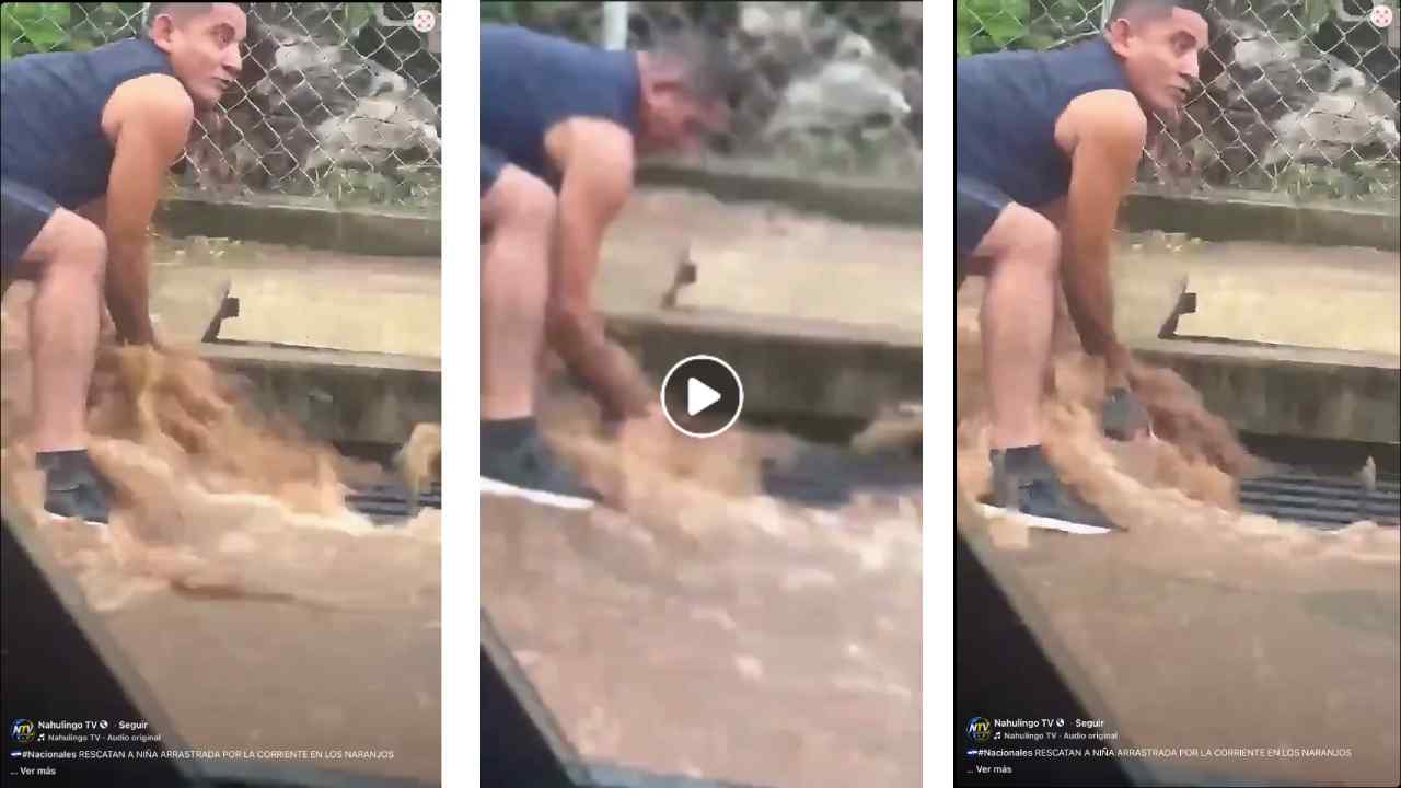 Rescate de una niña durante una fuerte corriente de agua en Los Naranjos, Sonsonate, quedó registrado en un video viral. La identidad y el estado de salud de la menor no han sido confirmados.