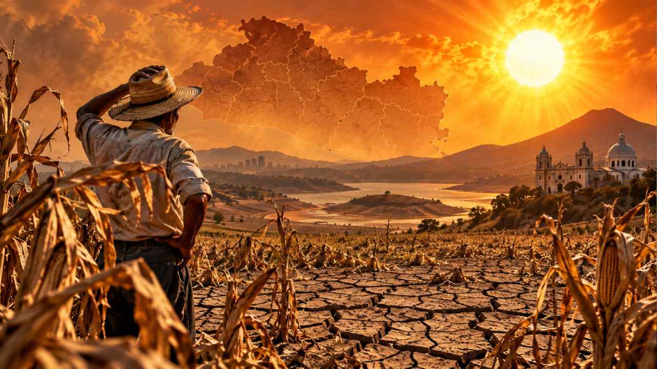 El Salvador enfrenta una sequía meteorológica y agrícola mientras las autoridades prevén que El Niño continúe fortaleciéndose hacia finales de 2026. Ilustración