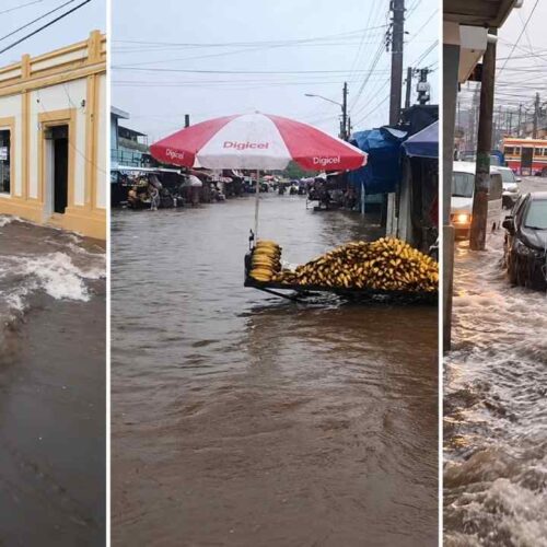 Santanecos transmiten en vivo las inundaciones que reportan en Santa Ana Centro durante la fuerte tormenta de este jueves 8 de octubre. Imagen: captura de transmisión en TikTok.