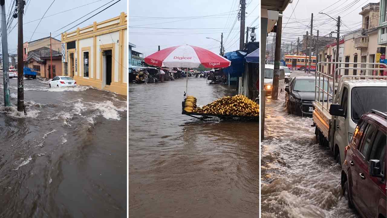 Santanecos transmiten en vivo las inundaciones que reportan en Santa Ana Centro durante la fuerte tormenta de este jueves 8 de octubre. Imagen: captura de transmisión en TikTok.
