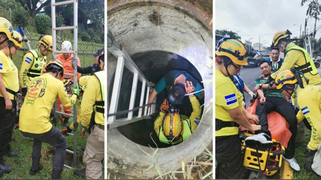 Equipos de Comandos de Salvamento y Bomberos rescataron a un hombre que permaneció más de nueve horas dentro de una alcantarilla en el bulevar del Ejército. Foto: Comandos de Salvamento.