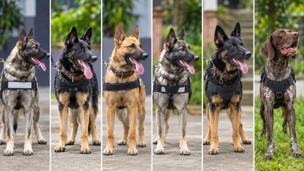 Fanny, Lee, Bico, Roma, Lucky y Zaki comenzarán su entrenamiento para detectar narcóticos y papel moneda. Foto: PNC/Ministerio de Seguridad.