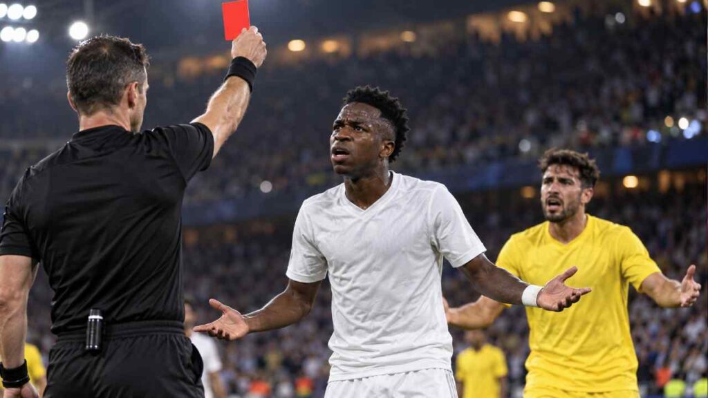 Vinicius Jr. fue expulsado ante Villarreal después de que el VAR detectara un tirón de pelo a Nathan Saliba. Su presencia en el Clásico está en duda. Ilustración IA