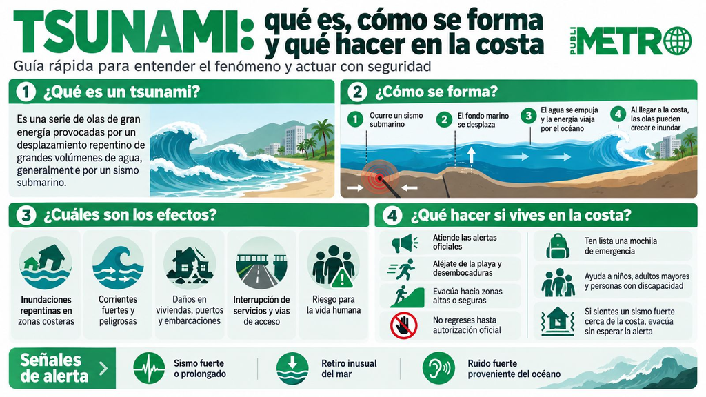 Infográfico: ¿Qué es un tsunami y cómo se forma? La ilustración explica el desplazamiento del agua tras un sismo submarino, sus posibles efectos en la costa y las principales medidas de prevención. Ilustración: Publimetro El Salvador.