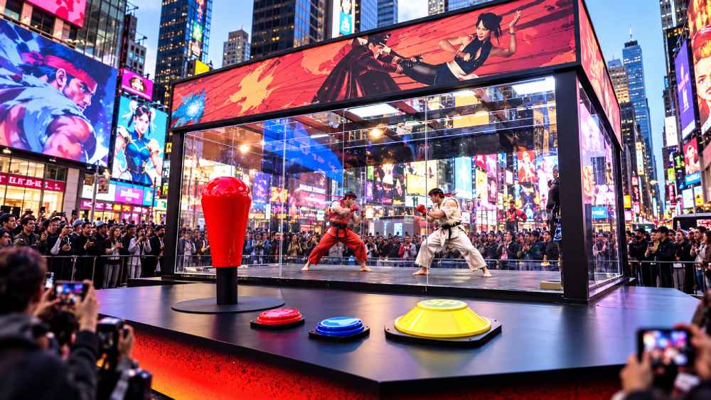 Street Fighter llevó una consola gigante a Times Square, donde artistas marciales recrearon los combates del videojuego. Foto: Captura de pantalla / Ilustración.