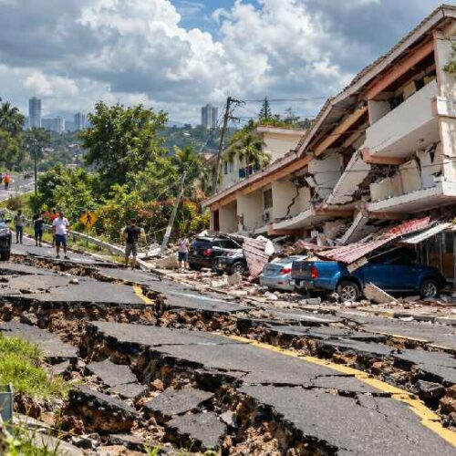 foto: Imagen ilustrativa elaborada a partir de una compilación de fotografías de los daños asociados al terremoto en Panamá, que muestran una carretera fracturada y una edificación parcialmente colapsada.
