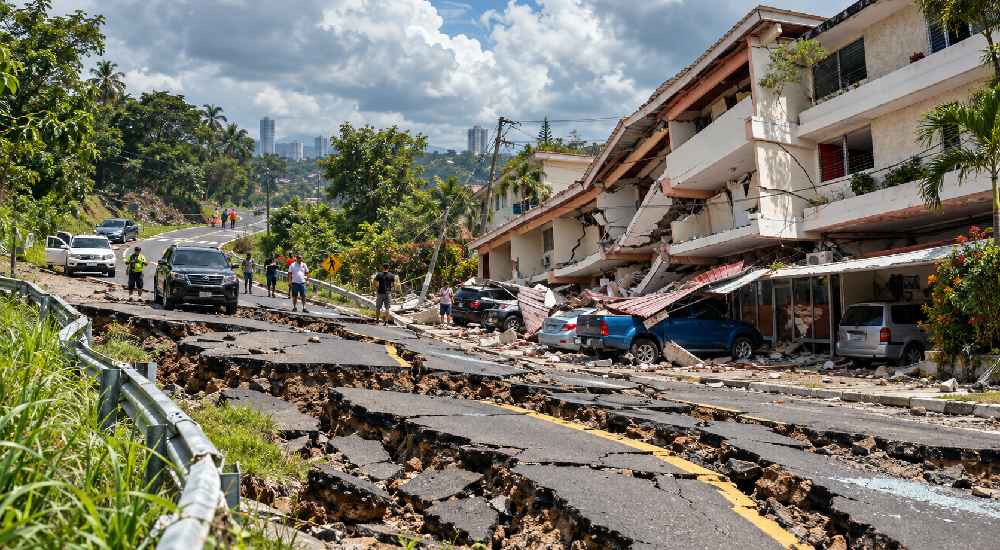 foto: Imagen ilustrativa elaborada a partir de una compilación de fotografías de los daños asociados al terremoto en Panamá, que muestran una carretera fracturada y una edificación parcialmente colapsada.