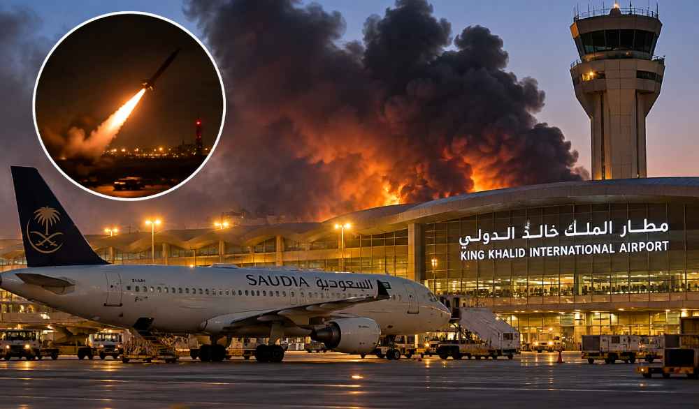 Ilustración generada con IA que recrea de forma conceptual el ataque al aeropuerto de Riad, Arabia Saudita, ocurrido el 8 de octubre de 2026. No corresponde a una fotografía real del incidente.