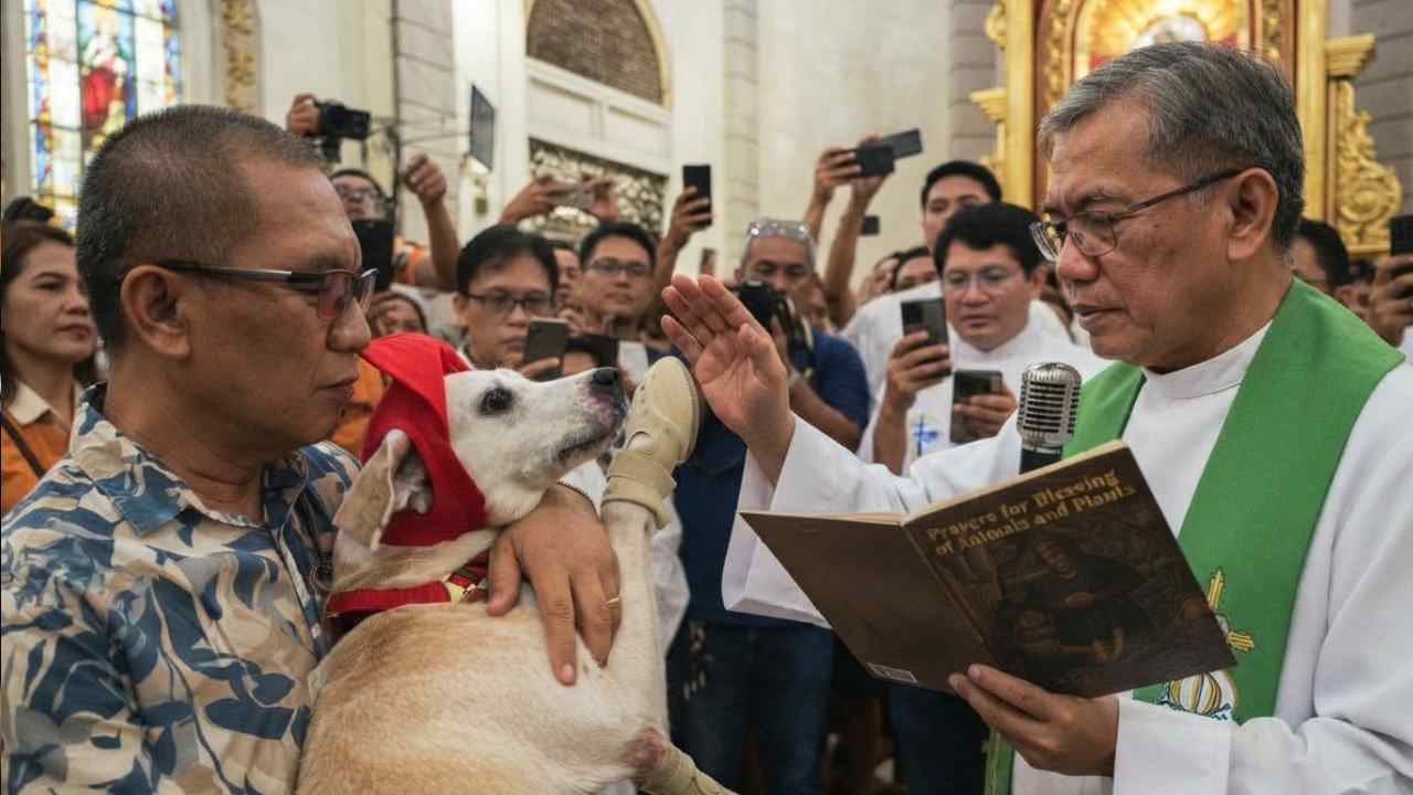 La iglesia organizó también vacunación gratuita para perros y gatos en el estacionamiento, agregando una acción práctica de bienestar animal a la celebración religiosa. Ilustración